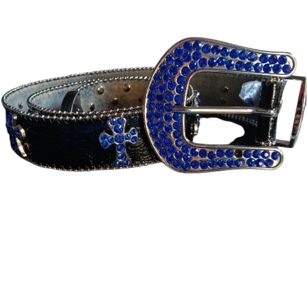 Black Belt W/Blue Rhinestone Buckle & Crosses